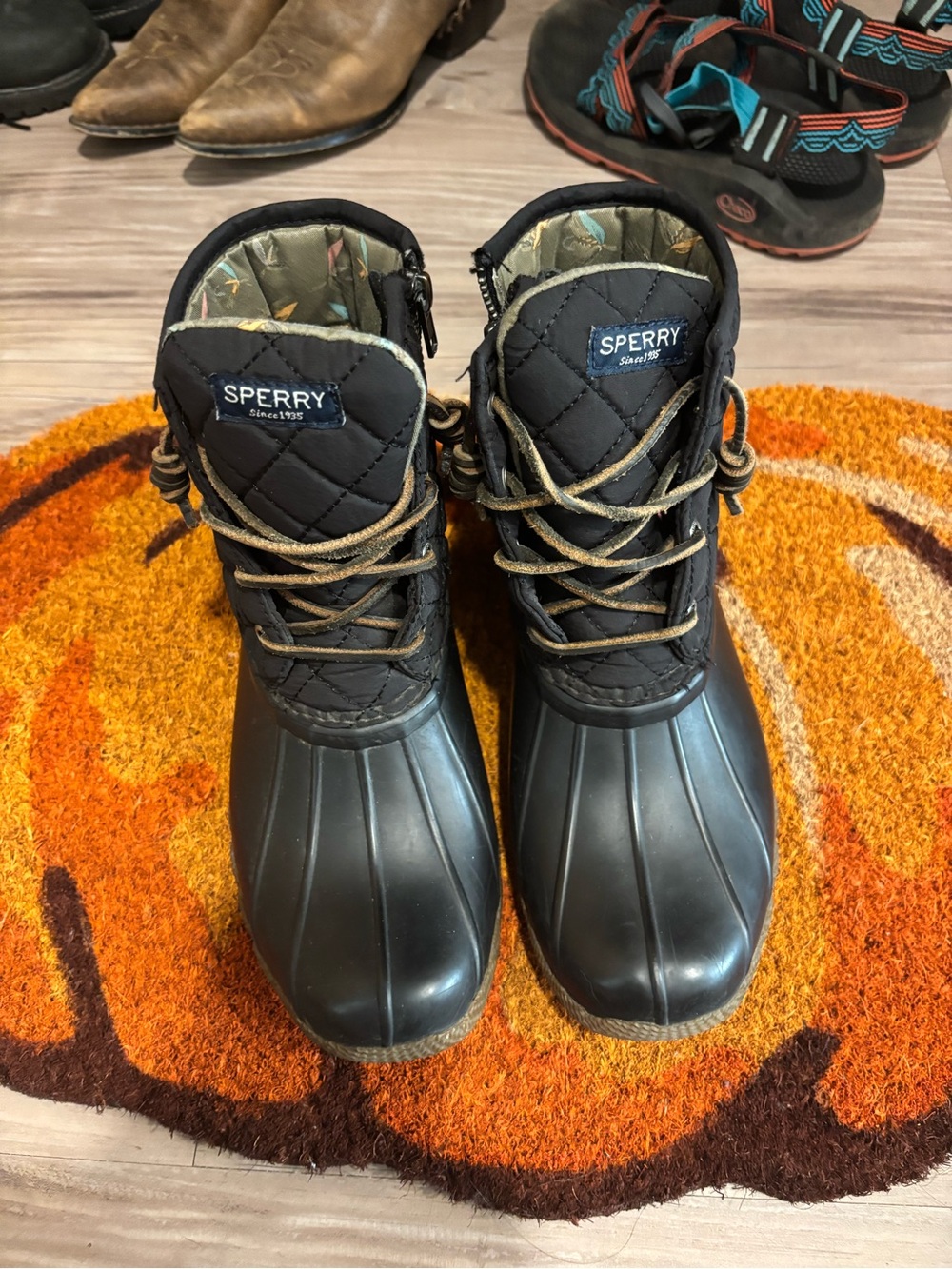 Sperry Kids Black Quilted Duck Boots with Brown Laces